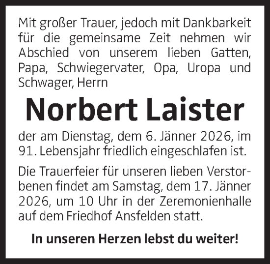 Traueranzeige von Norbert Laister von OÖNachrichten