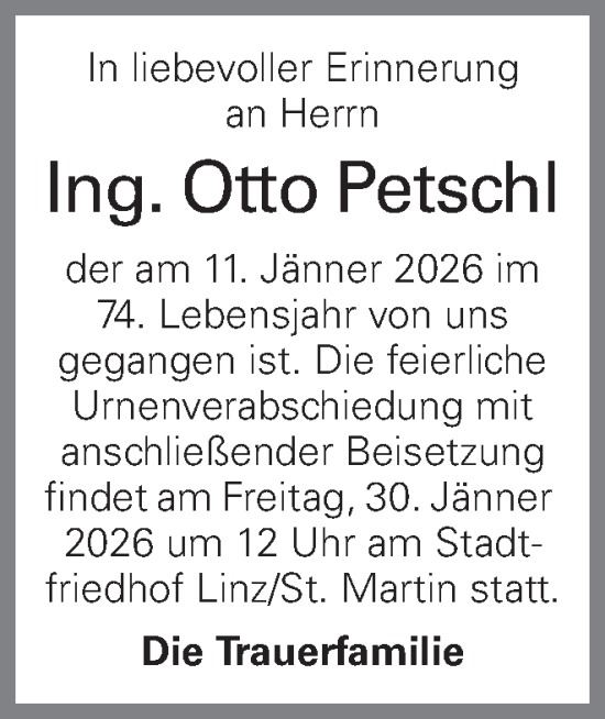 Traueranzeige von Otto Petschl von OÖNachrichten