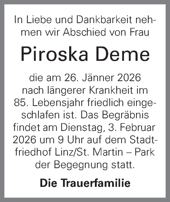 Traueranzeige von Piroska Deme von OÖNachrichten
