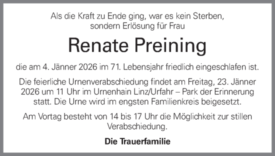 Traueranzeige von Renate Preining von OÖNachrichten
