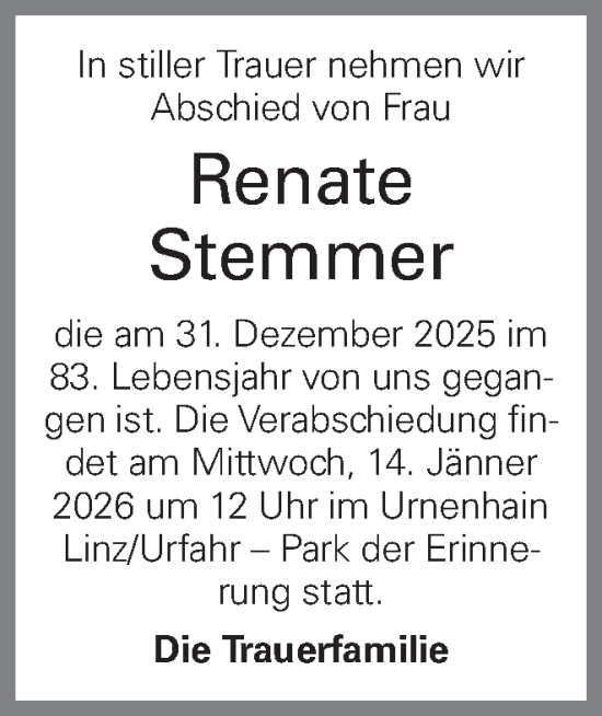 Traueranzeige von Renate Stemmer von OÖNachrichten