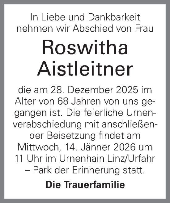 Traueranzeige von Roswitha Aistleitner von OÖNachrichten