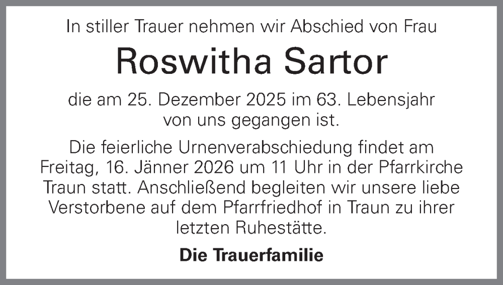  Traueranzeige für Roswitha Sartor vom 10.01.2026 aus OÖNachrichten