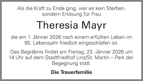 Traueranzeige von Theresia Mayr von OÖNachrichten