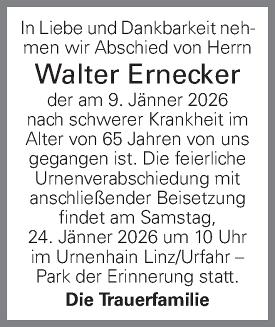 Traueranzeige von Walter Ernecker von OÖNachrichten