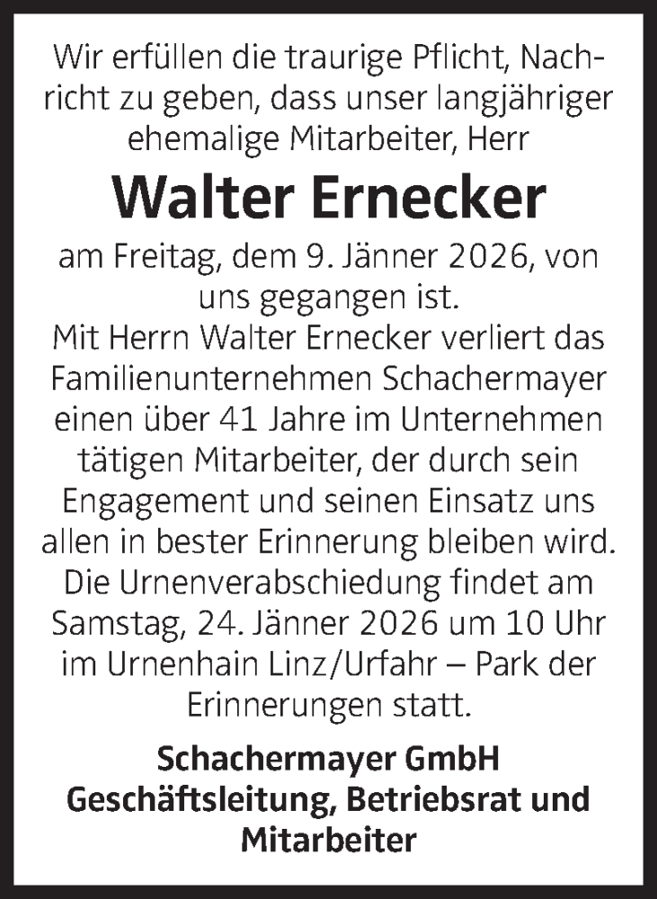  Traueranzeige für Walter Ernecker vom 14.01.2026 aus OÖNachrichten