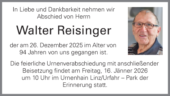 Traueranzeige von Walter Reisinger von OÖNachrichten