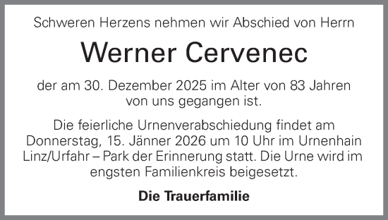 Traueranzeige von Werner Cervenec von OÖNachrichten
