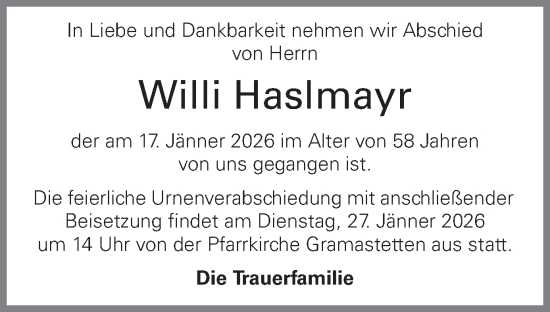 Traueranzeige von Willi Haslmayr von OÖNachrichten