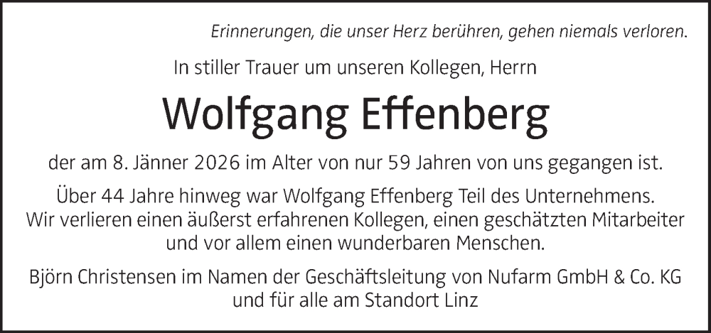  Traueranzeige für Wolfgang Effenberg vom 14.01.2026 aus OÖNachrichten