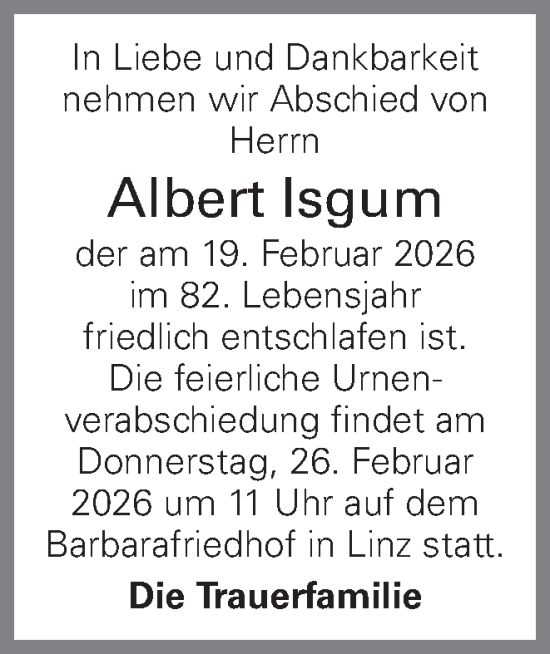 Traueranzeige von Albert Isgum von OÖNachrichten
