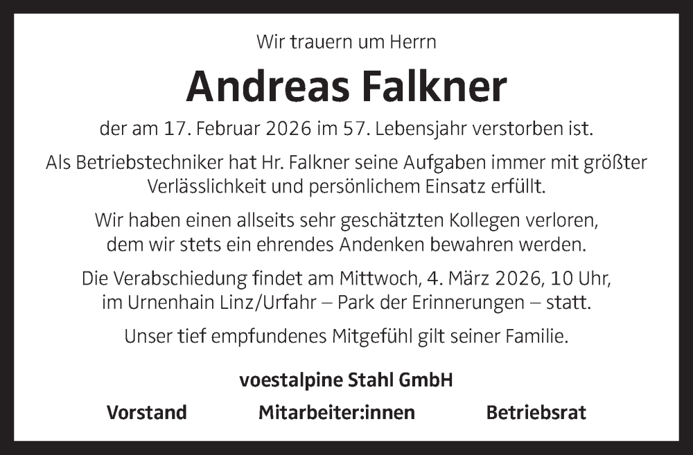  Traueranzeige für Andreas Falkner vom 27.02.2026 aus OÖNachrichten