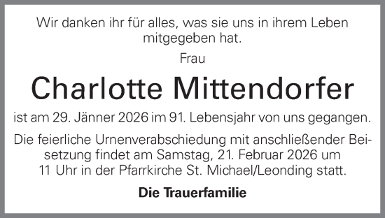 Traueranzeige von Charlotte Mittendorfer von OÖNachrichten