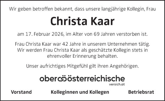 Traueranzeige von Christa Kaar von OÖNachrichten