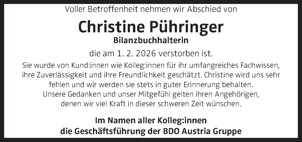  Traueranzeige für Christine Pühringer vom 11.02.2026 aus OÖNachrichten