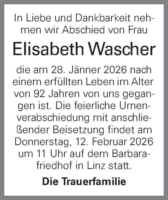 Traueranzeige von Elisabeth Wascher von OÖNachrichten