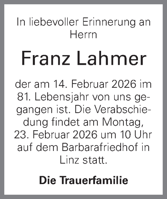 Traueranzeige von Franz Lahmer von OÖNachrichten