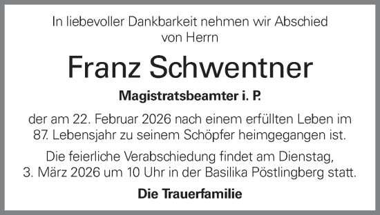 Traueranzeige von Franz Schwentner von OÖNachrichten