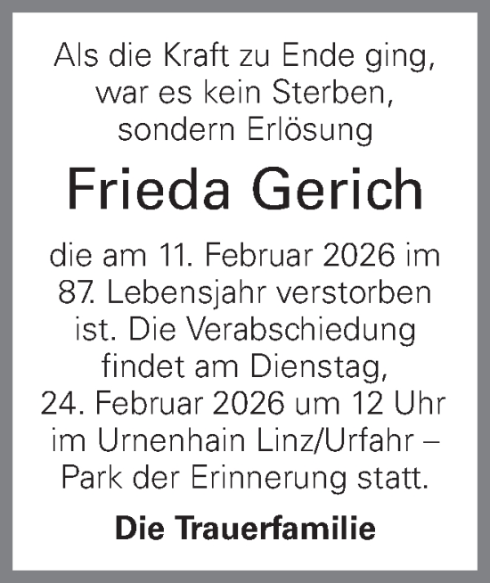 Traueranzeige von Frieda Gerich von OÖNachrichten