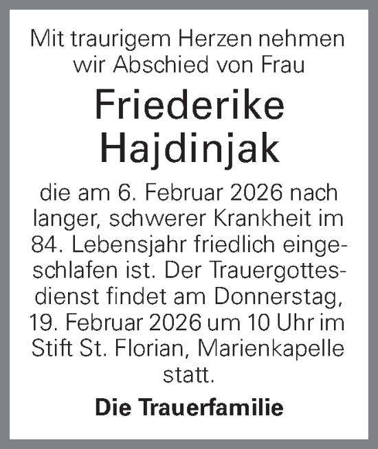 Traueranzeige von Friederike Hajdinjak von OÖNachrichten