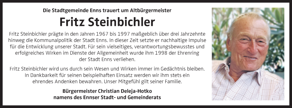  Traueranzeige für Fritz Steinbichler vom 27.02.2026 aus OÖNachrichten