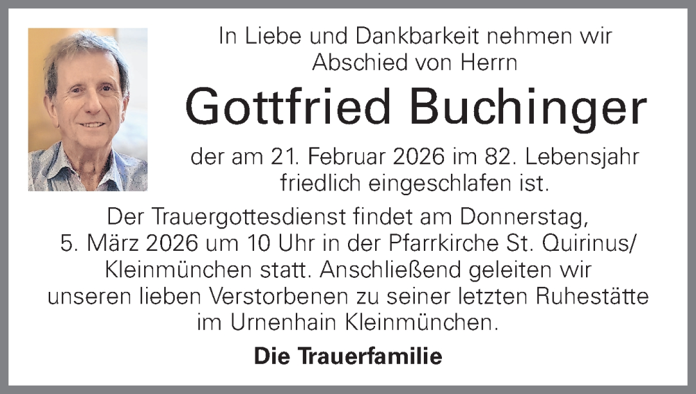  Traueranzeige für Gottfried Buchinger vom 27.02.2026 aus OÖNachrichten