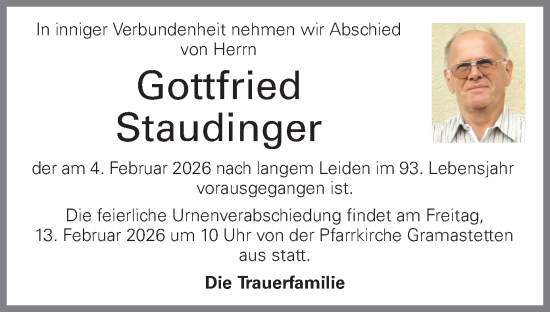Traueranzeige von Gottfried Staudinger von OÖNachrichten