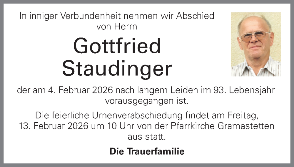  Traueranzeige für Gottfried Staudinger vom 11.02.2026 aus OÖNachrichten