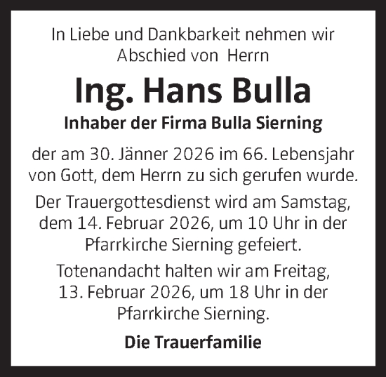 Traueranzeige von Hans Bulla von OÖNachrichten