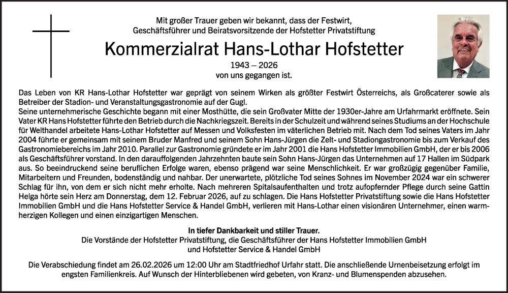 Traueranzeige für Hans-Lothar Hofstetter vom 21.02.2026 aus OÖNachrichten