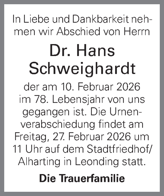 Traueranzeige von Hans Schweighardt von OÖNachrichten