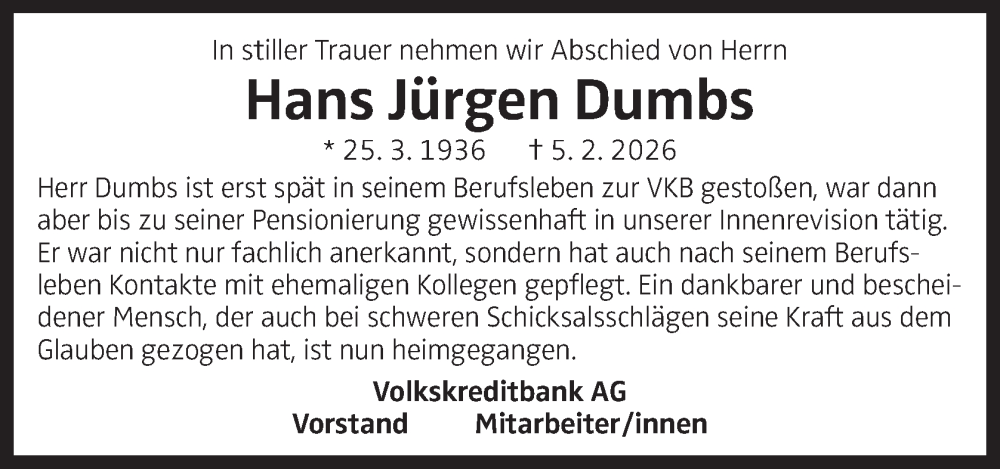  Traueranzeige für Hans Jürgen Dumbs vom 21.02.2026 aus OÖNachrichten