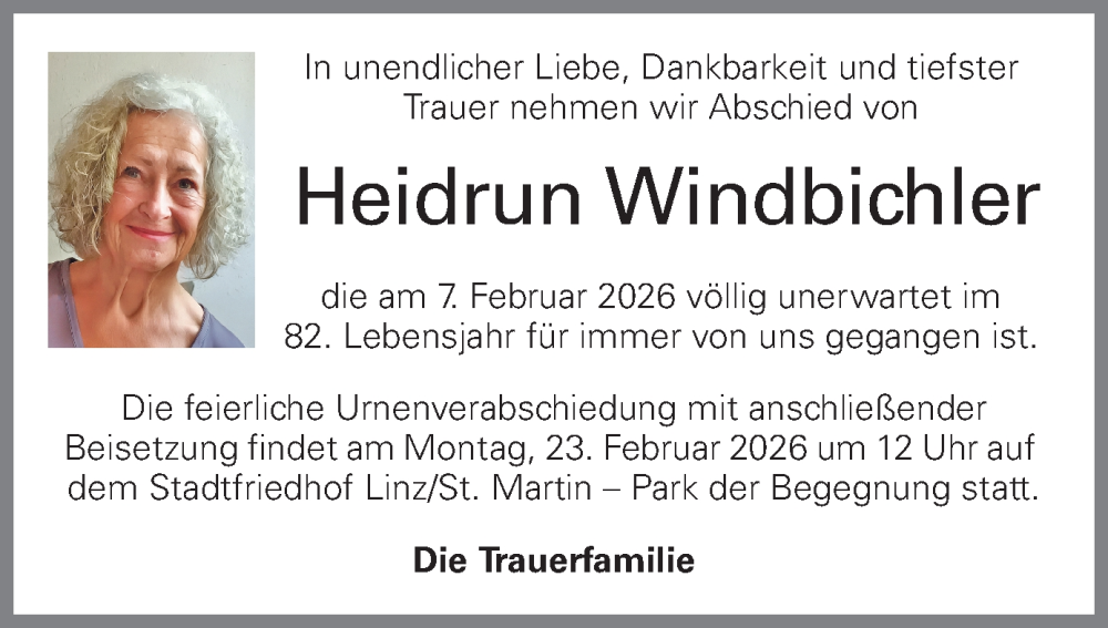  Traueranzeige für Heidrun Windbichler vom 14.02.2026 aus OÖNachrichten