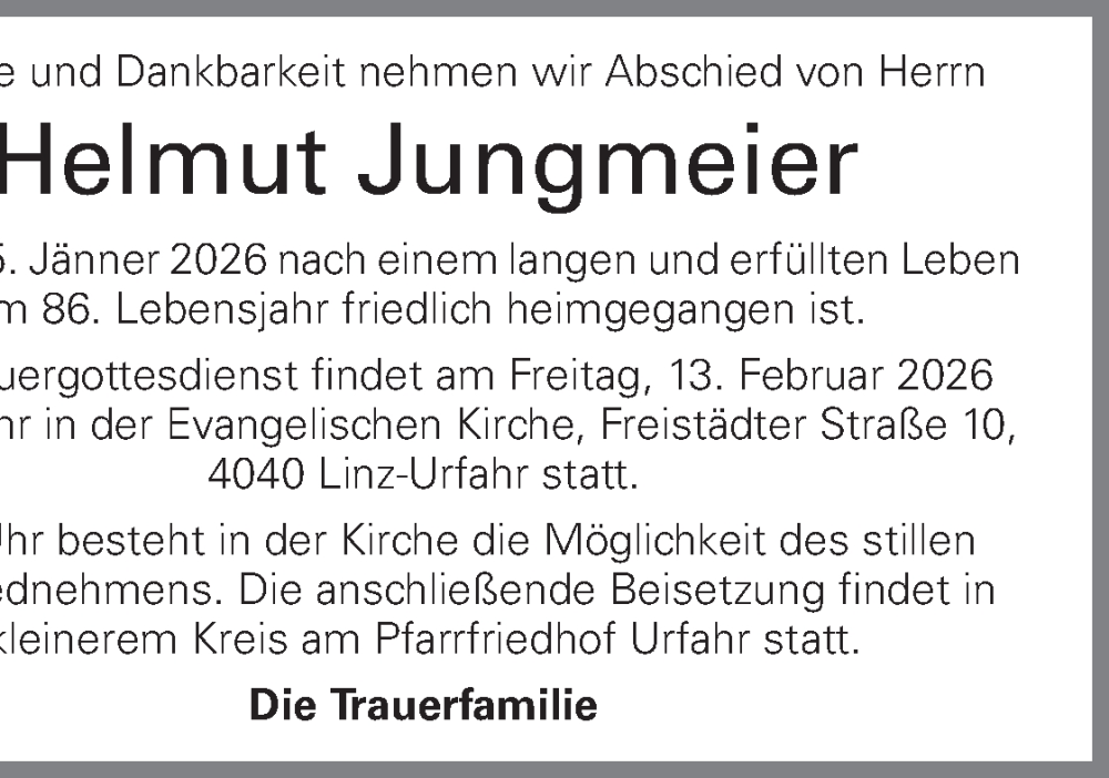  Traueranzeige für Helmut Jungmeier vom 07.02.2026 aus OÖNachrichten