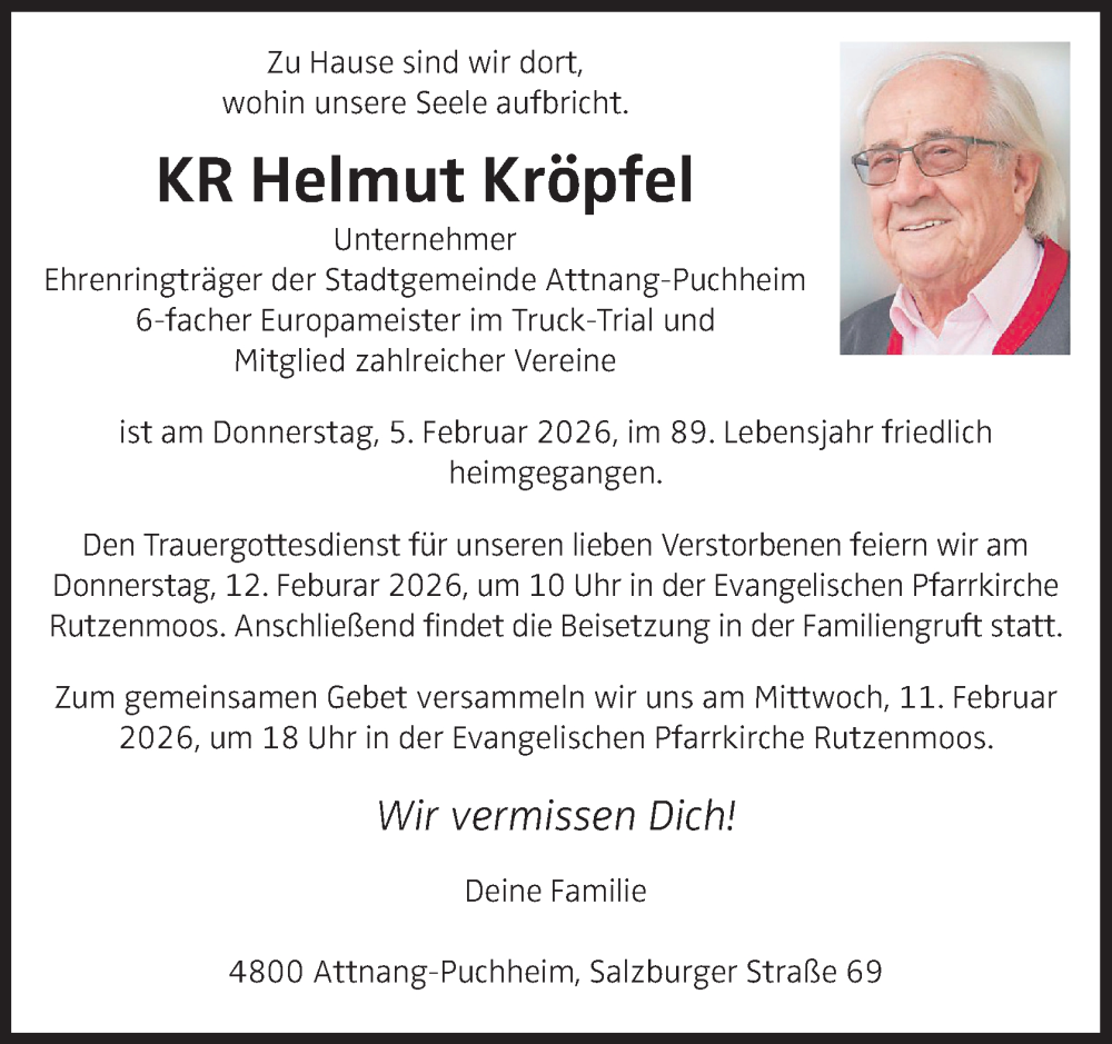  Traueranzeige für Helmut Kröpfel vom 11.02.2026 aus OÖNachrichten