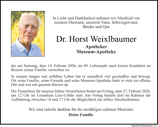 Traueranzeige von Horst Weixlbaumer von OÖNachrichten