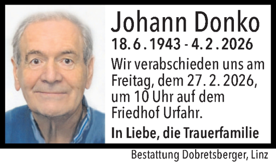 Traueranzeige von Johann Donko von OÖNachrichten