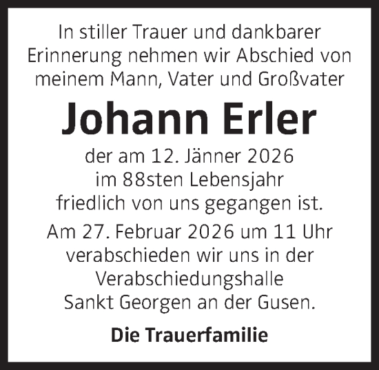 Traueranzeige von Johann Erler von OÖNachrichten