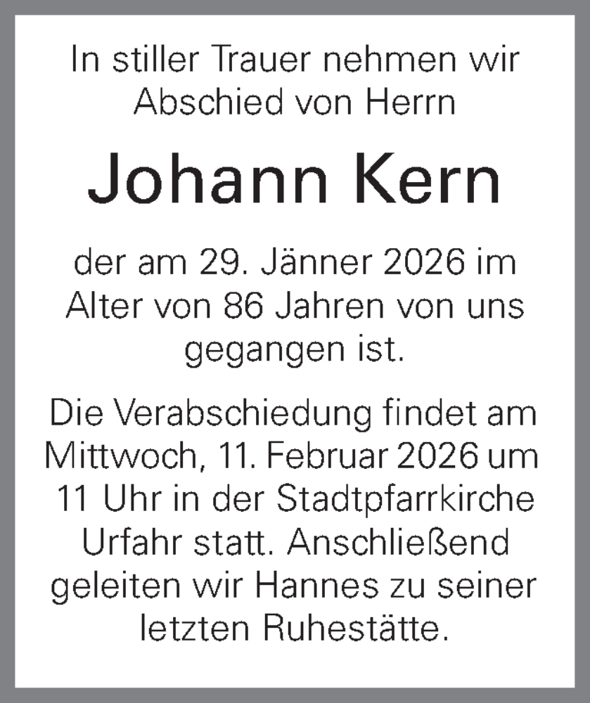  Traueranzeige für Johann Kern vom 07.02.2026 aus OÖNachrichten