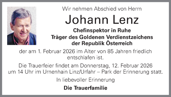 Traueranzeige von Johann Lenz von OÖNachrichten