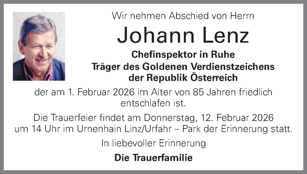  Traueranzeige für Johann Lenz vom 07.02.2026 aus OÖNachrichten