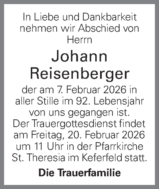 Traueranzeige von Johann Reisenberger von OÖNachrichten
