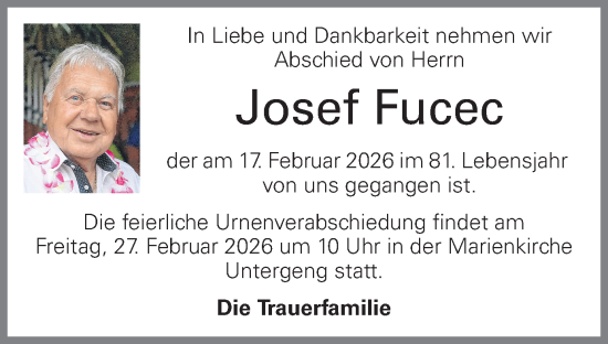Traueranzeige von Josef Fucec von OÖNachrichten