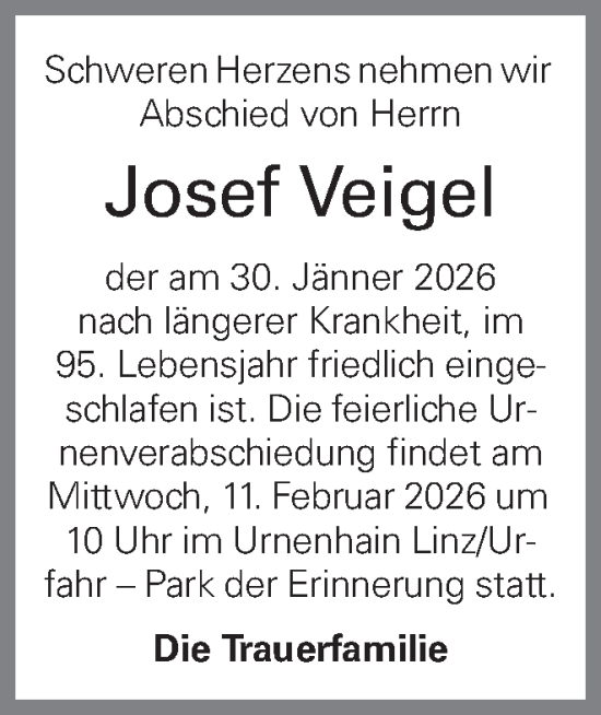 Traueranzeige von Josef Veigel von OÖNachrichten