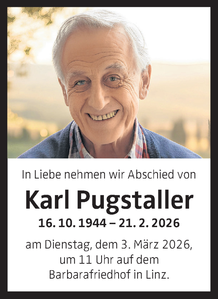  Traueranzeige für Karl Pugstaller vom 27.02.2026 aus OÖNachrichten