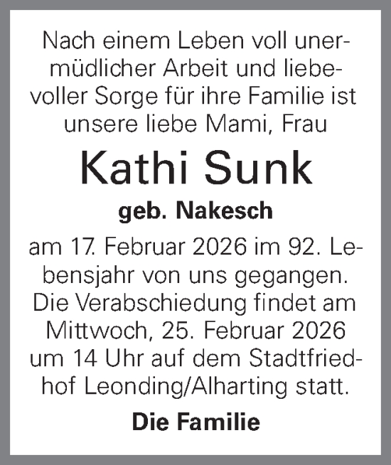 Traueranzeige von Kathi Sunk von OÖNachrichten