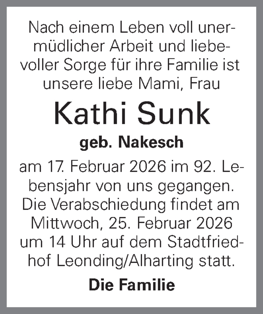  Traueranzeige für Kathi Sunk vom 21.02.2026 aus OÖNachrichten