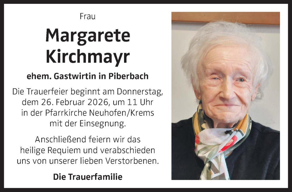  Traueranzeige für Margarete Kirchmayr vom 21.02.2026 aus OÖNachrichten