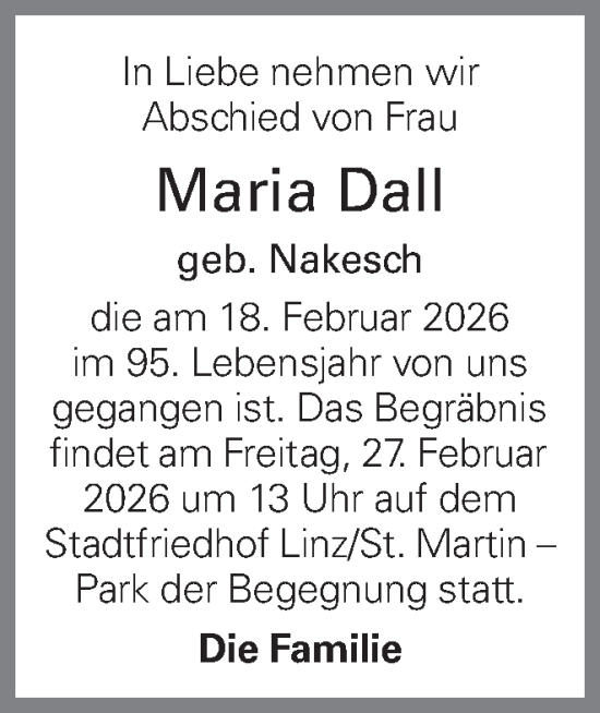Traueranzeige von Maria Dall von OÖNachrichten