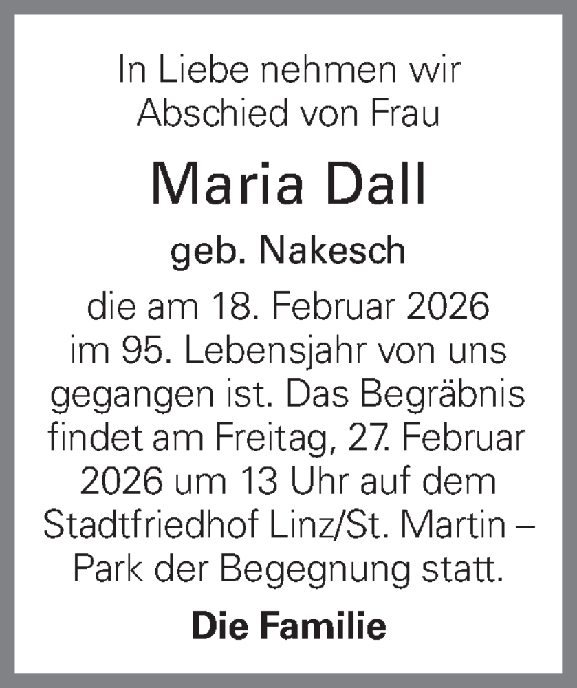  Traueranzeige für Maria Dall vom 24.02.2026 aus OÖNachrichten